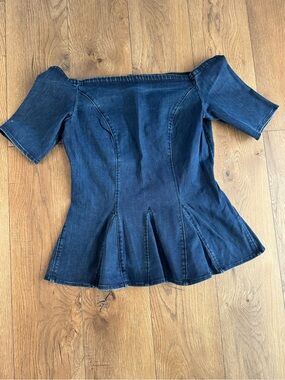Guess Dark Blue Denim Off-Shoulder Peplum Top
